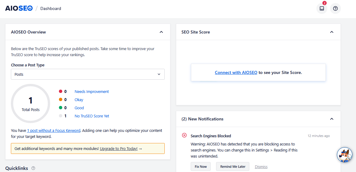Tried & Tested: 5 Best Free WordPress SEO Plugins 3 aioseo dashboard
